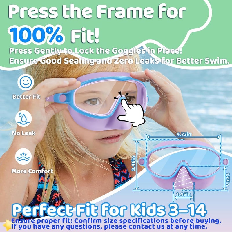 Vvinca Swim Goggles with Nose Cover, 2 Pack Wide View Diving Mask Anti-Fog UV No Leak Toddlers Swimming Goggles for Kids 3-15 - Image 3